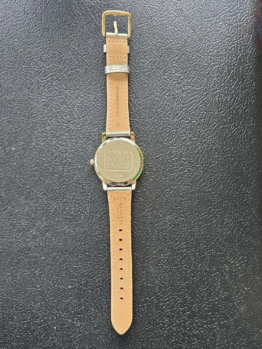 Coach Womens Gold Glitter Dial Watch with Gold-Tone Leather Strap. New Battery.